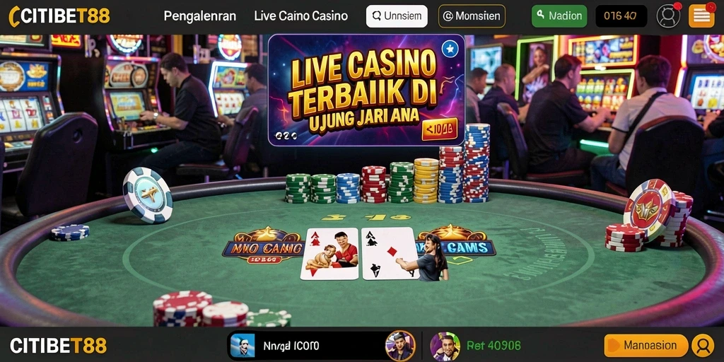 Screenshot menampilkan dealer profesional dan suasana permainan Live Casino yang mengasyikkan.