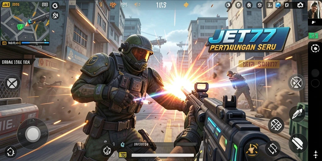 Screenshot gameplay JET77 menampilkan aksi bertempur seru dalam TPS.