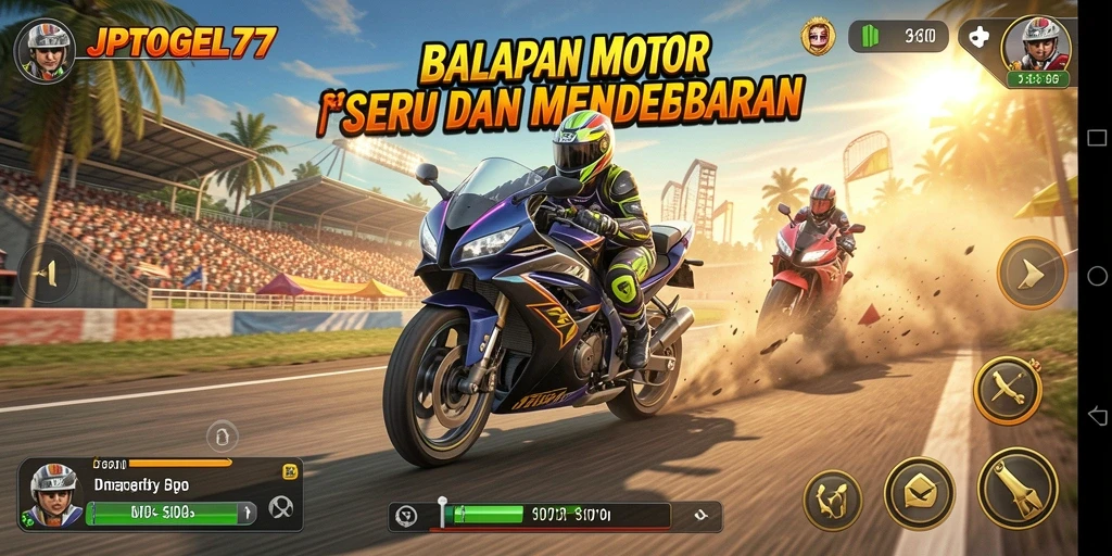 Tangkapan layar gameplay JPTOGEL77 yang menunjukkan balapan motor yang mendebarkan.