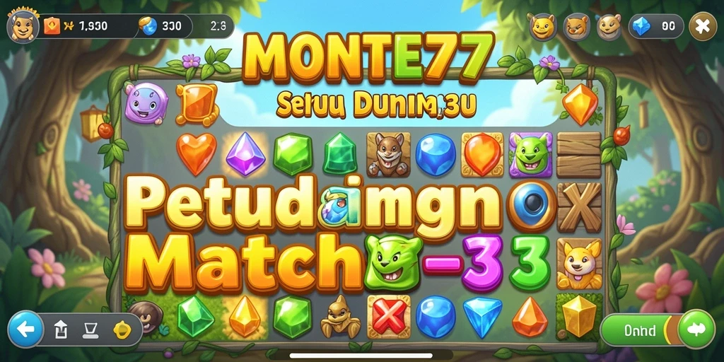 Screenshot MONTE77 menampilkan aksi mencocokkan tiga item berwarna-warni yang menarik.