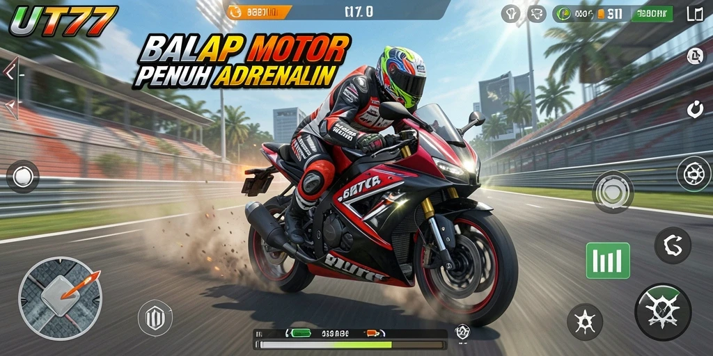 Screenshot UT77 menampilkan aksi balapan motor yang mendebarkan.