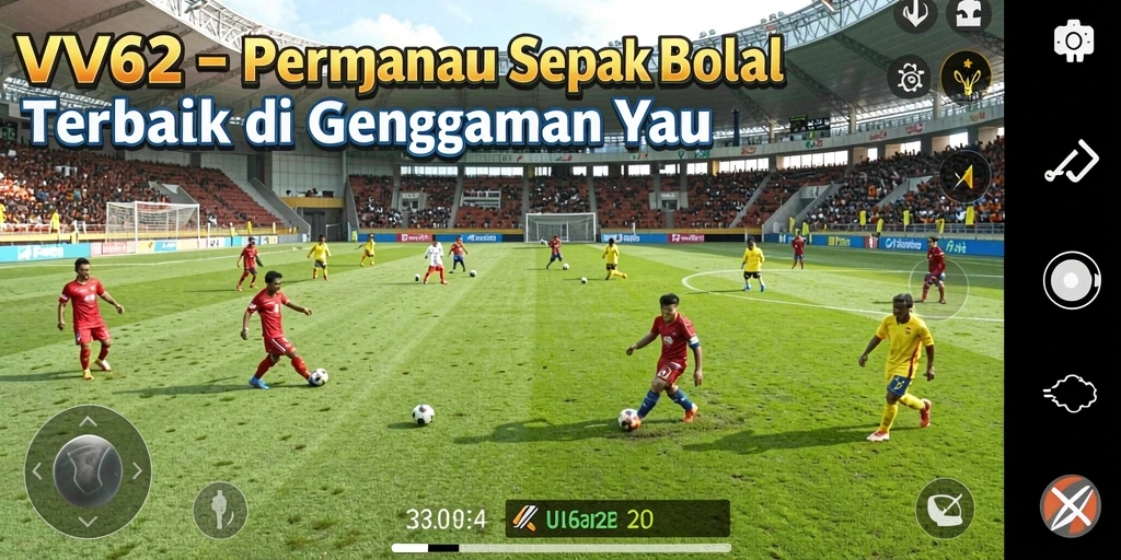 Menampilkan gameplay seru di lapangan sepak bola virtual.