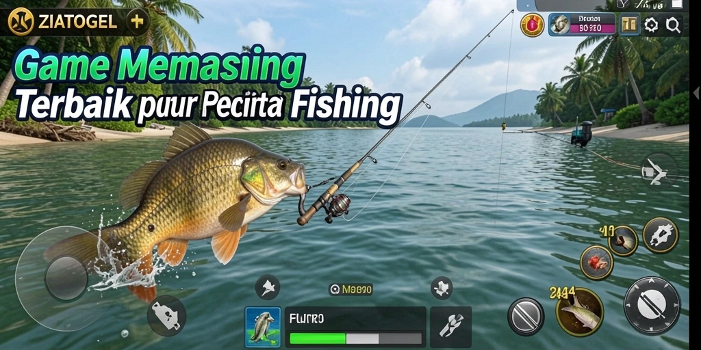 Screenshot gameplay ZIATOGEL dengan aksi memancing yang mendebarkan.